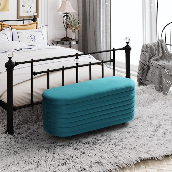 WESTINFURNITURE Farrah 42 in. Wide Oval Velvet Upholstered Entryway Flip Top Storage Bedroom Accent Bench in Teal
