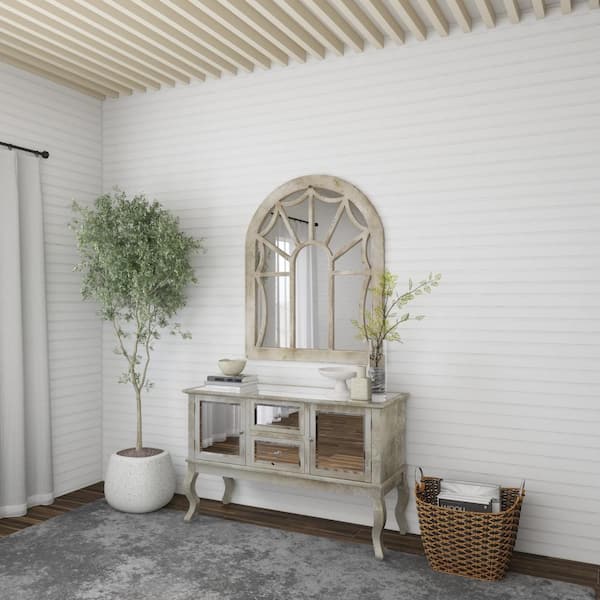 44 in. x 36 in. Window Pane Inspired Arched Framed Cream Wall Mirror with Arched Top