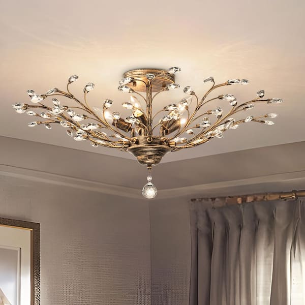 30 in. 5-Light Antique Brushed Gold Crystal Flush Mount Ceiling Light with Branch Design for Living Room, Dining Room