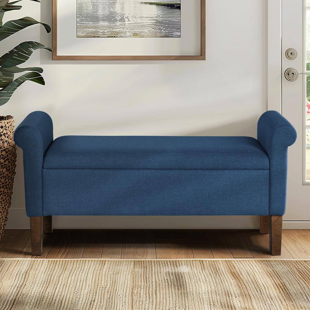 Aubrey Blue Upholstered Storage Bench with Walnut Wood Legs
