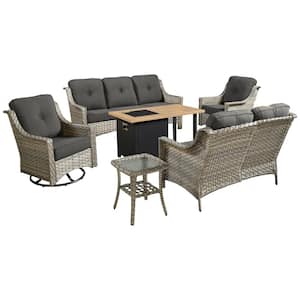 Eureka Grey 6-Piece Wicker Outdoor Patio Conversation Sofa Loveseat Set with a Storage Fire Pit and Black Cushions