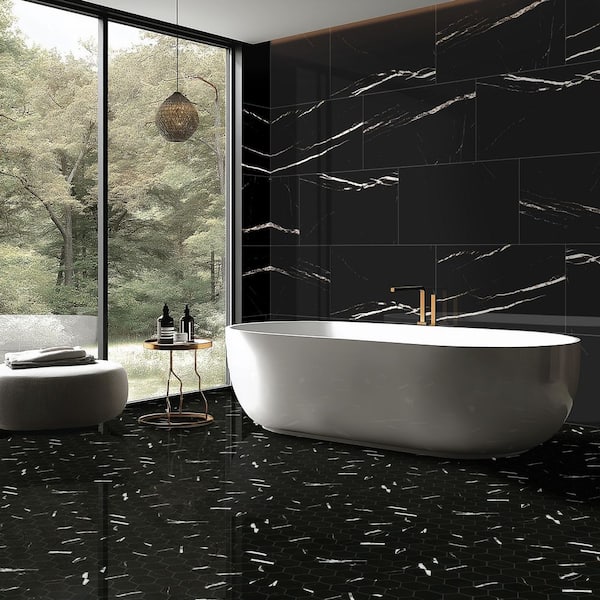 Tavish Nero Polished Black Porcelain Tile White Veining Rectangle Tile 24 in. x 48 in., Floor and Wall (16 sq. ft./Case)
