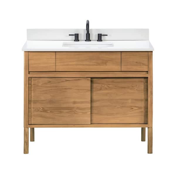 Colbie 43 in. Single Sink Natural Teak Bath Vanity with White Engineered Stone Top