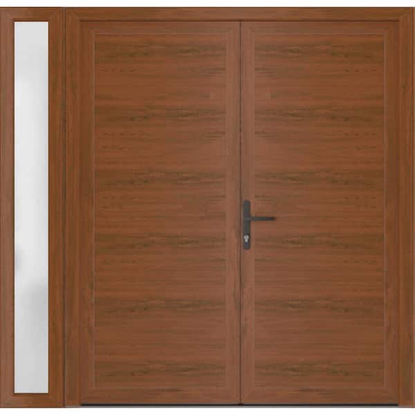 72+ 14 in. x 80 in. Right-hand/Inswing Frosted Glass Walnut Steel Prehung Front Door with Hardware