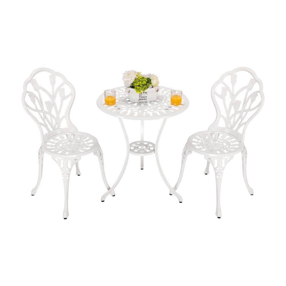 HOMEFUN 23.6 inch Long 3-Piece White Tulip Aluminum Bistro Set