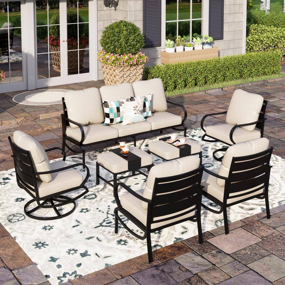 PHI VILLA Black Slatted 9Seat 7Piece Metal Outdoor Patio Conversation