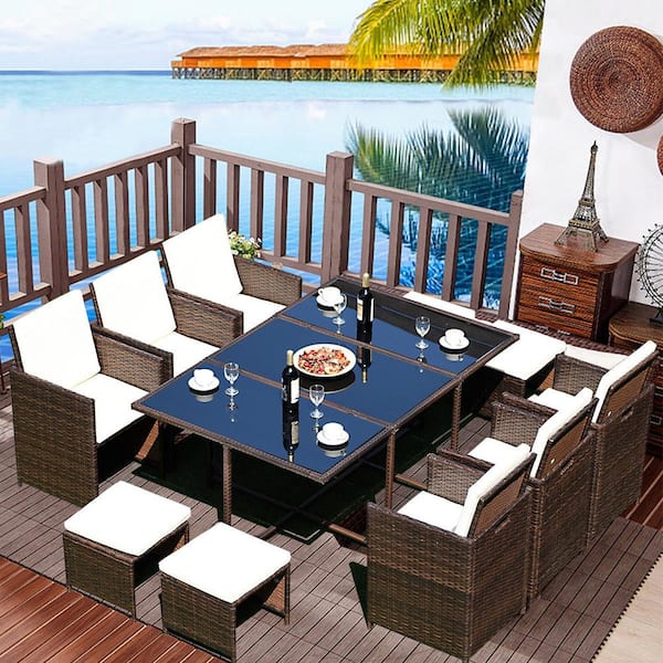 SUNRINX 11-Piece Brown Wicker Patio Conversation Set with Beige Cushions