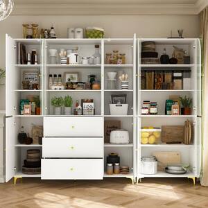White Wood 94.4 in. W Combination Sideboard Kitchen Food Pantry Cabinet with Adjustable Shelves, Glass Doors and Drawers