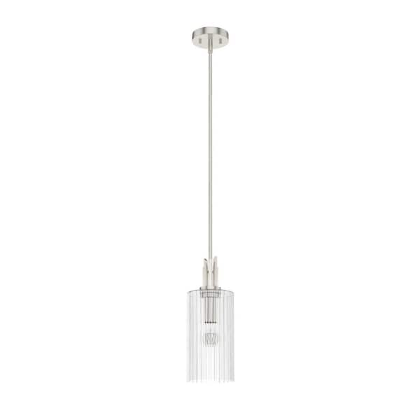 Gatz 1-Light Brushed Nickel Island Mini Pendant Light with Clear Ribbed Glass Shade