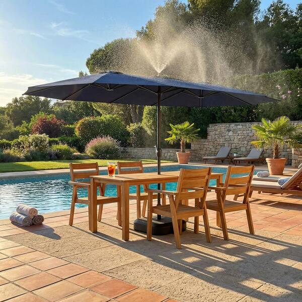 blue umbrella patio dining MF Studio 6 Pieces Outdoor Set with Navy Umbrella, A  summitlivin its a comprehensive outdoor experience Lancaster Table & Seating 36"
