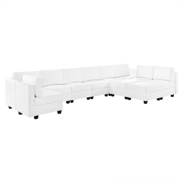 HOMESTOCK 164.38 in. W Faux Leather 9-Seater Modular Sectional Sofa with Double Ottoman for Streamlined Comfort in White