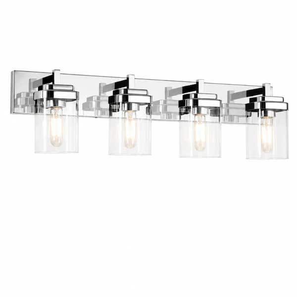 33 in. 4-Light Chrome LED Vanity Light Bar with Square Clear Glass Shades for Bathroom Mirror