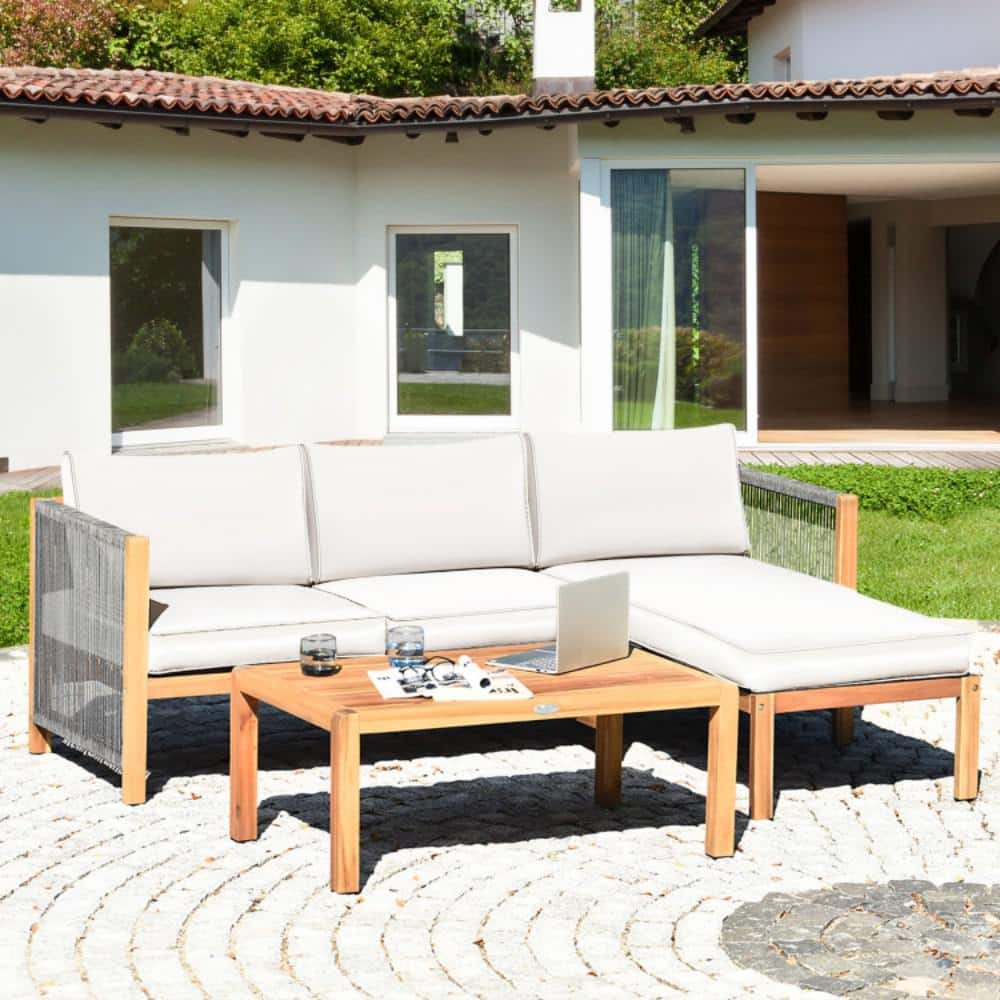 3-Piece Acacia Wood Patio Conversation Set with White Cushions price history on PriceWatchPro