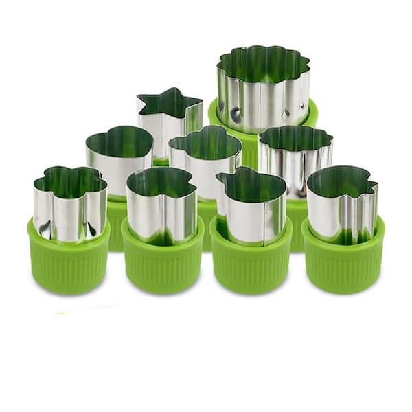 Green Stainless Steel Mini Cookie Cutter Set 9 Piece Animal Star Heart Flower Mushroom Pancake Mold Baking