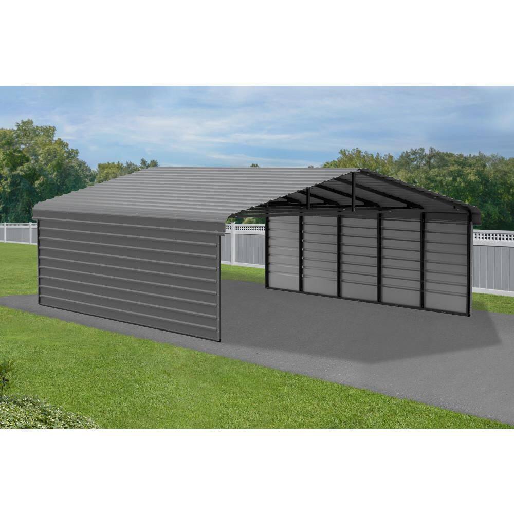 Charcoal Galvanized Steel Carport Kit with 2-Sided Enclosure
