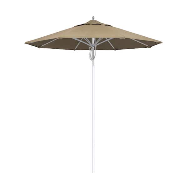 California Umbrella 7.5 ft. Silver Aluminum Commercial Market Patio Umbrella Fiberglass Ribs and Pulley Lift in Heather Beige Sunbrella