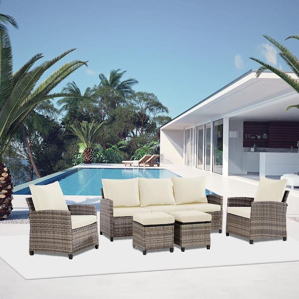 5-Piece Gray Wicker Outdoor Couch with Beige Cushions