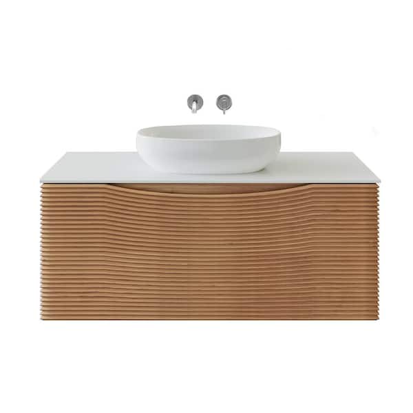 Leah 32 in. Single Sink Floating Medium Oak Bath Vanity with White Solid Surface Top (Assembled)
