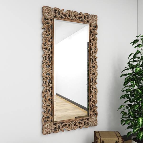 39 Vintage Style Brushed Metal and Wooden Framed Wall Mirror 