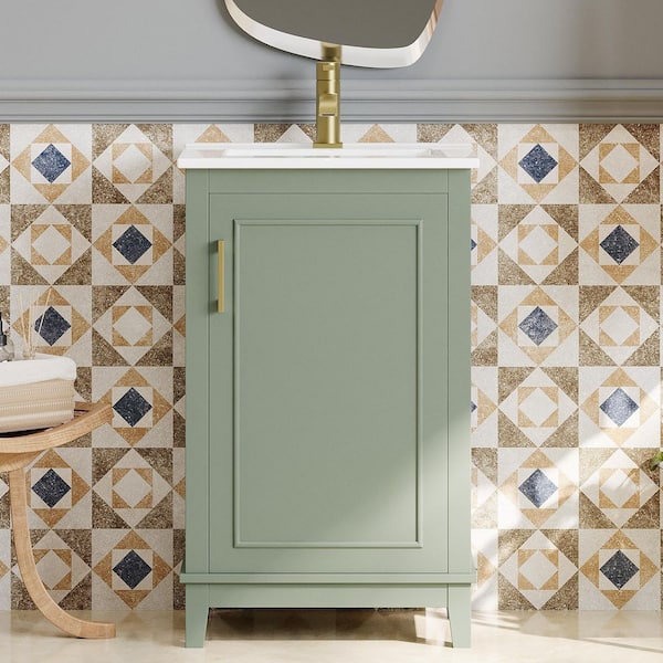 20 in. Single Sink Freestanding Green Bath Vanity with White Ceramic Top, Double Shelves