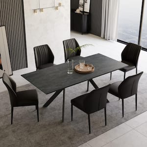 7-Piece Black Chairs and Gray MDF Wooden Extendable Dining Table, Dining Table Set w/6-Solid Back Chairs for Dining Room