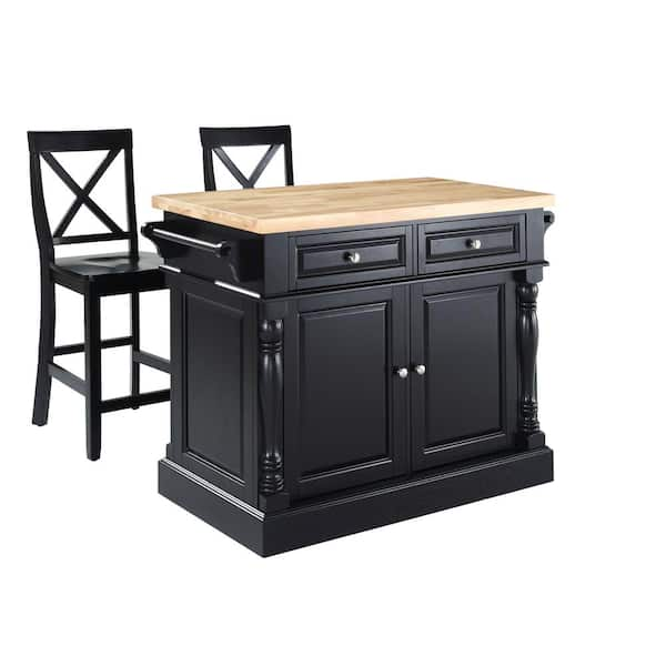 Crosley Oxford Butcher Block Top Kitchen Island in Black Finish