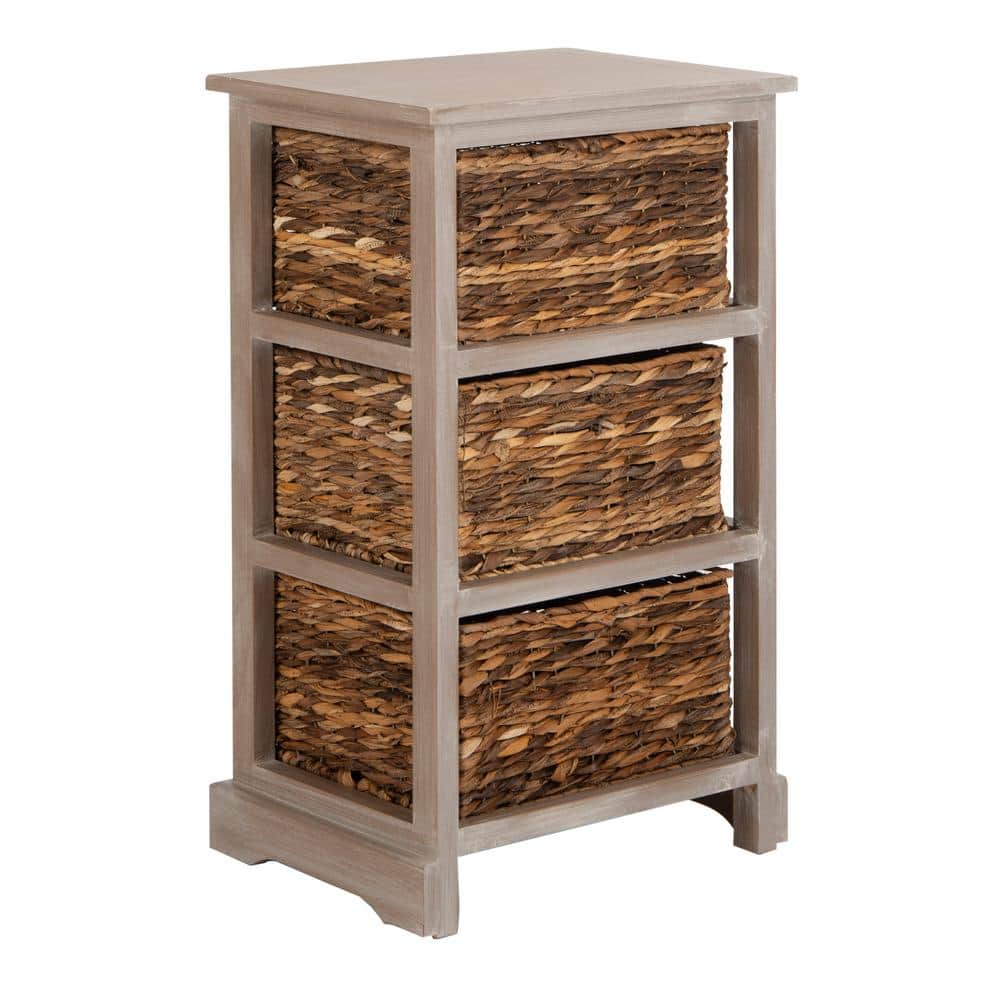 Transitional Brown Pine Wood Rectangular Side Table with 3 Wicker Baskets