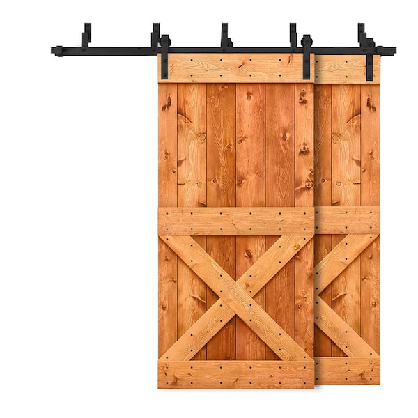 CALHOME 60 in. x 84 in. Mini X Bypass Red Walnut Stained DIY Solid Wood Interior Double Sliding Barn Door with Hardware Kit