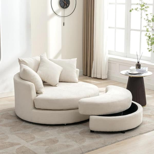 Harper & Bright Designs Cream Chenille 360° Swivel Accent Barrel Arm Chair with Storage Ottoman and 4-Pillows