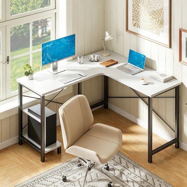 50 in. Rectangular White Wood L Shaped Computer Desk Corner Desk for Home Office Workstation