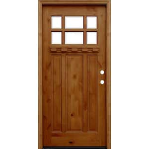 36 in. x 80 in. Craftsman Rustic 6 Lite Stained Knotty Alder Wood Prehung Front Door w/ 6 in. Wall Series & Dentil Shelf
