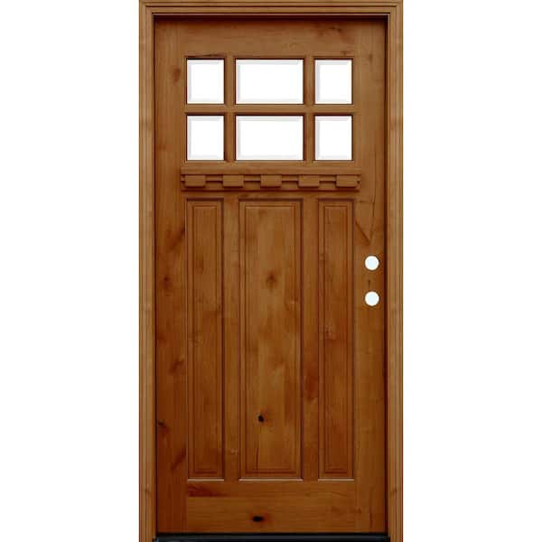 Pacific Entries 36 in. x 80 in. Craftsman Rustic 6 Lite Stained Knotty Alder Wood Prehung Front Door w/ 6 in. Wall Series & Dentil Shelf