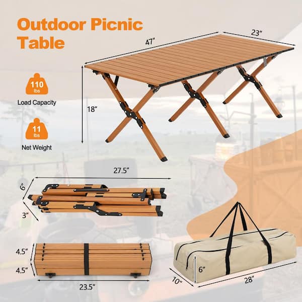 Tangkula 47 x 23 Folding Aluminum Picnic Table Roll-Up Camping Table with Carry Bag Portable Outdoor Table Low Height Beach Table for Travel