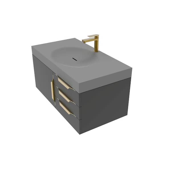 castellousa 36 in. W x 19 in. D x 16.25 in. H Single Floating Bath Vanity in Matte Black in Gold Trim w/ Solid Surface Gray Top