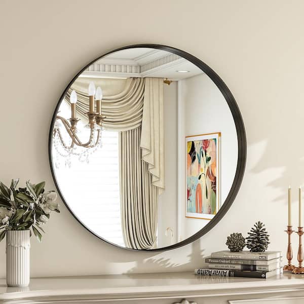 24 in. W x 24 in. H Round Black Aluminum Alloy Deep Framed Wall Mirror
