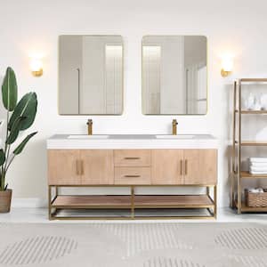 Bianco 72 in. W x 22 in. D x 34 in. H Double Sink Bath Vanity in Light Brown with White Composite Stone Top and Mirror