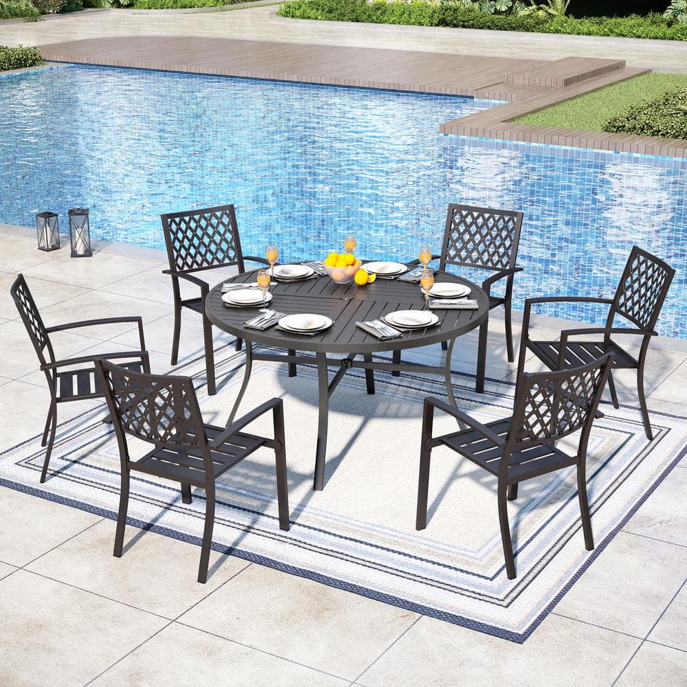 Elegant 7-Piece Metal Round Outdoor Dining Set with Stackable Dining Chairs