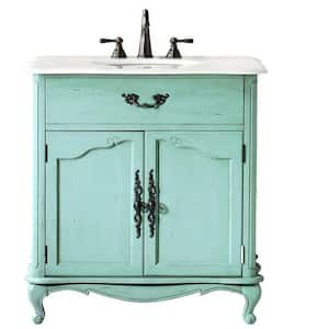 Provence 33 in. W x 22 in. D Bath Vanity in Blue with Natural Marble Vanity Top in White