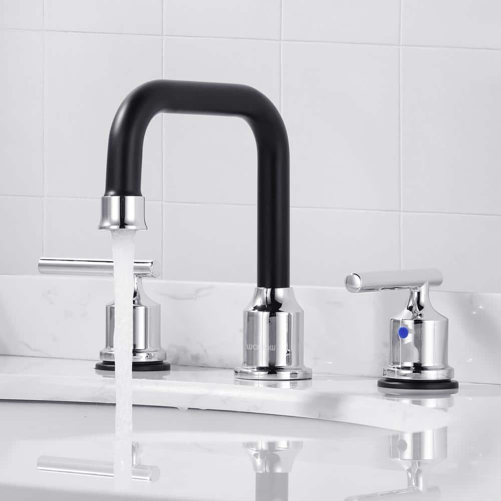 8-Inch Widespread Chrome and Black Stainless Steel Bathroom Faucet