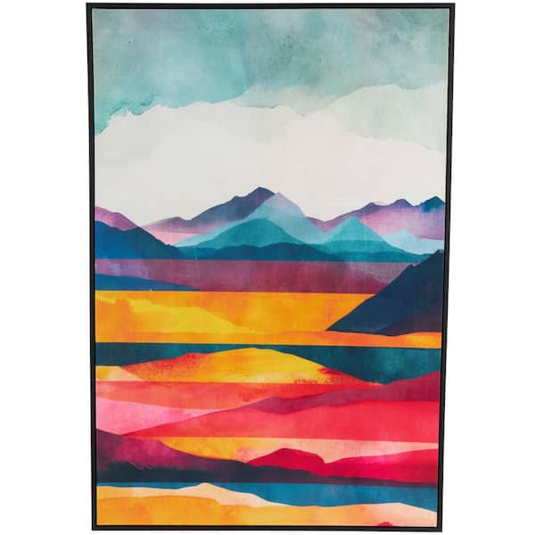 Litton Lane 1-Panel Abstract Mountains and Lake View Framed Wall Art with Black Frame 48 in. x 33 in.