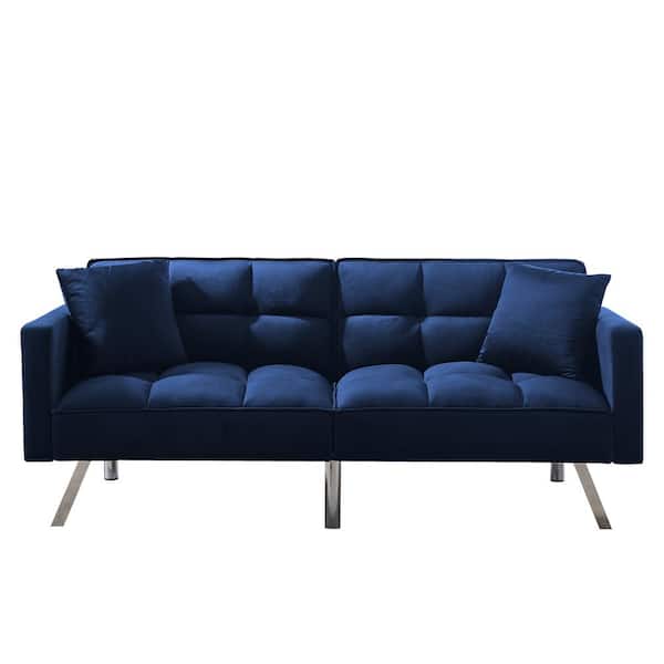 wetiny 75 in. Navy Velvet Twin 2-Seats Futon Sofa Sleeper With 2 Pillows