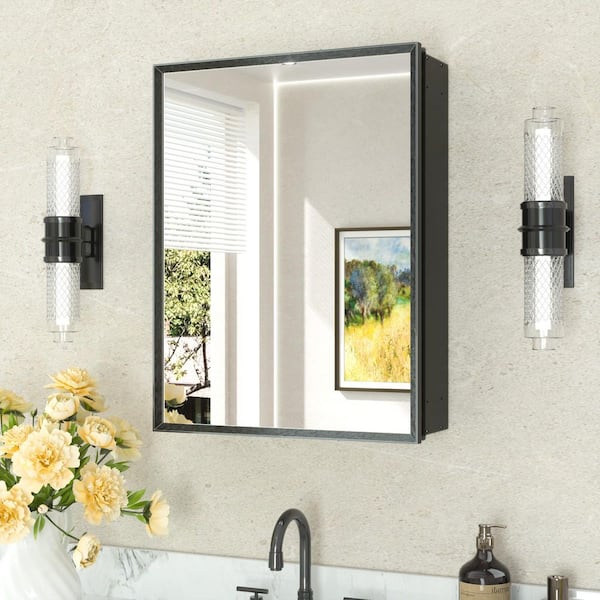 20 in. W x 26 in. H Rectangular Aluminum Medicine Cabinet with Mirror in Black