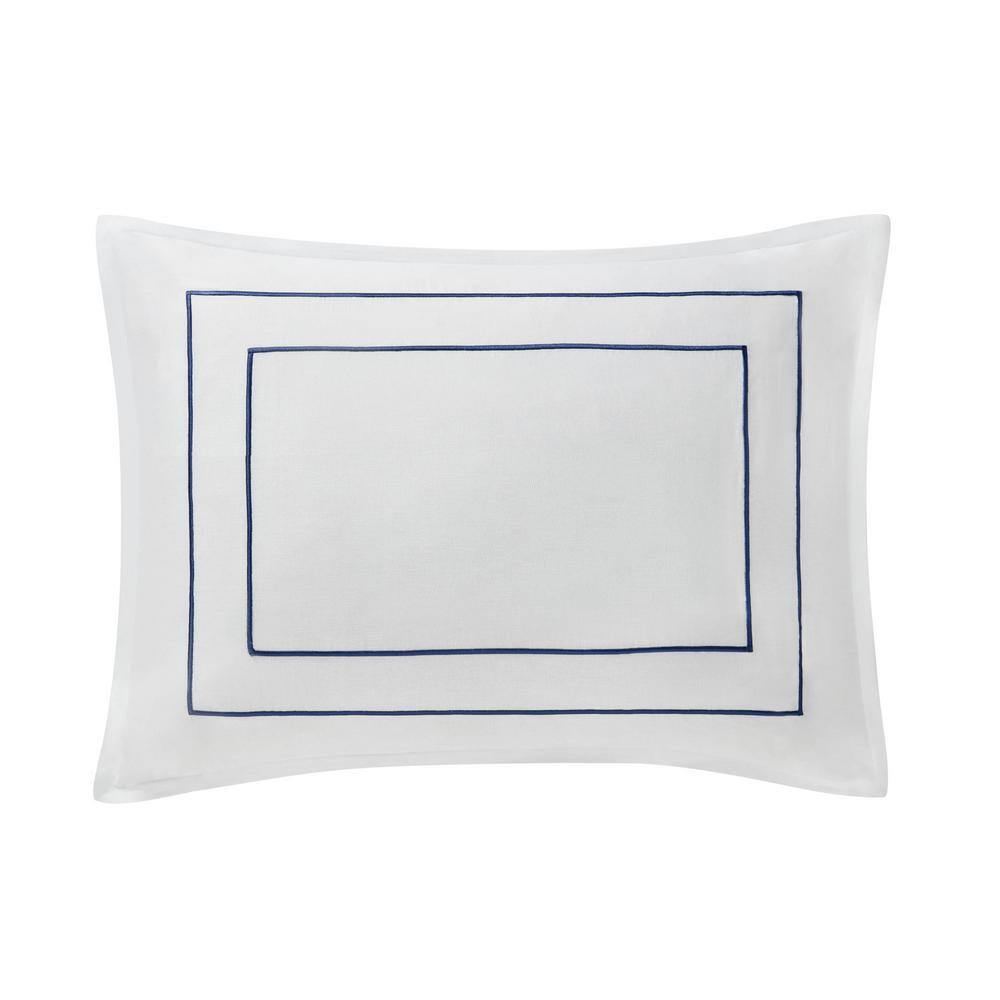 King White Cotton Duvet Cover Set with Navy Trim