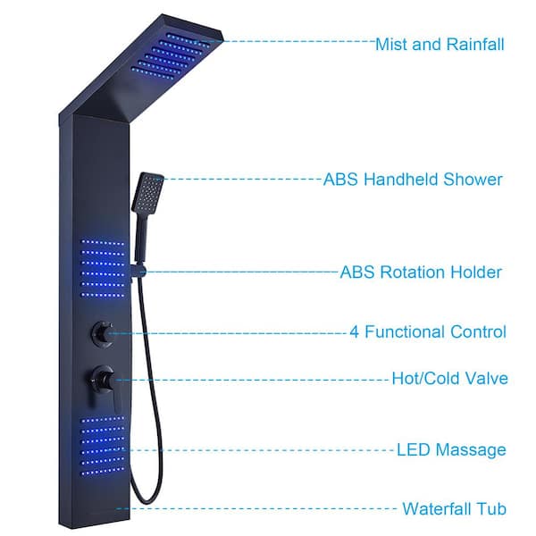 Sympton trembling Laws and regulations ELLO&ALLO 51 in. 2-Jet Shower Tower System with LED Rainfall Shower Head  and LED Body Jets Hand-Shower in Black EPS-B30 - The Home Depot