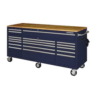 72 in. W x 24 in. D Standard Duty 18-Drawer Mobile Workbench Tool Chest with Solid Wood Top in Gloss Blue