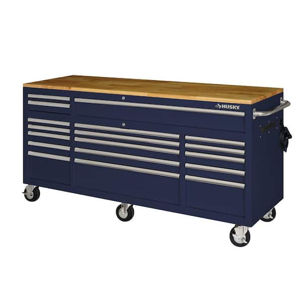 Husky 72 in. W x 24 in. D Standard Duty 18-Drawer Mobile Workbench Tool Chest with Solid Wood Top in Gloss Blue