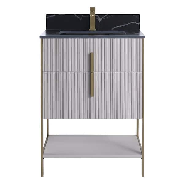 FINE FIXTURES 24 in. W x 18 in. D x 33.5 in. H Bath Vanity in Taupe with Black Sintered Stone Top with Satin Brass Hardware