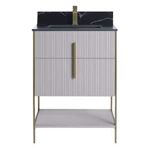 24 in. W x 18 in. D x 33.5 in. H Bath Vanity in Taupe with Black Sintered Stone Top with Satin Brass Hardware