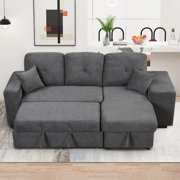 Nestfair 95 in. W Square Arm Velvet Reversible Sleeper Sectional Sofa in Black with 2 Stools and 2 Pillows