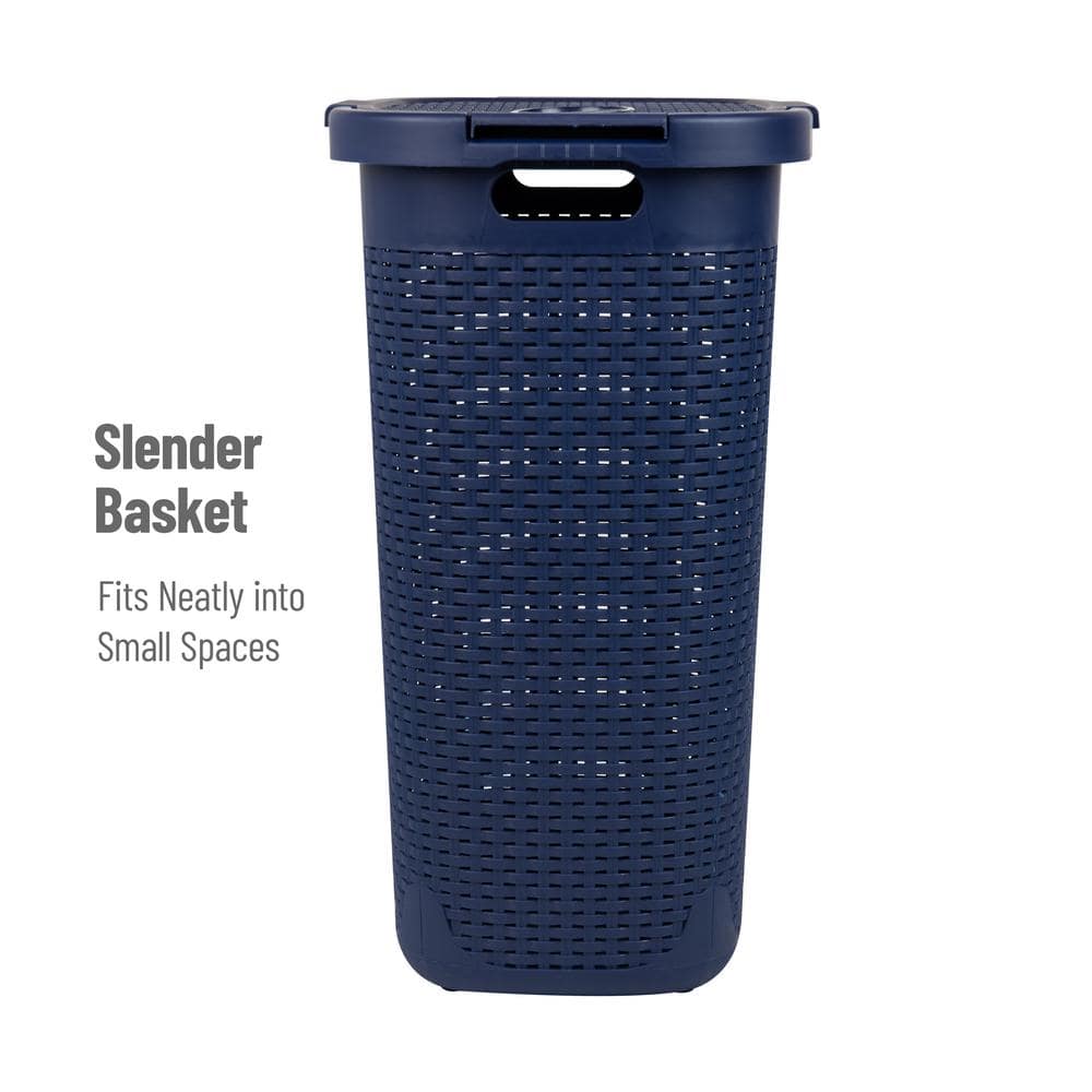 Navy Wicker Design Rectangular Plastic Laundry Hamper with Lid